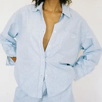 Djerf Avenue Breezy Blue Stripe Shirt button-down on model