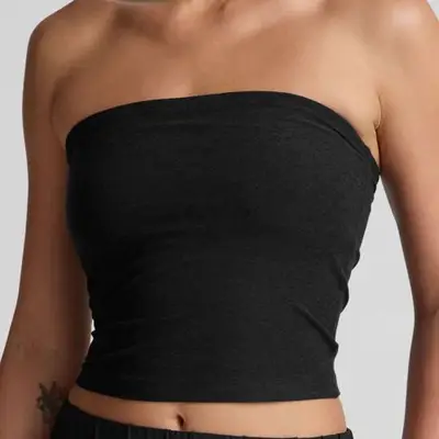 model wearing black tube top