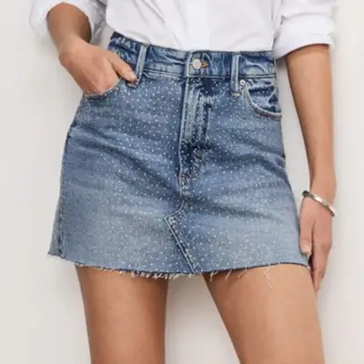 model wearing denim diamond mini skirt