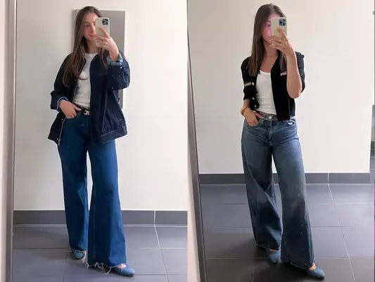 Split image of a woman wearing two different types of designer jeans in a off-white hallway