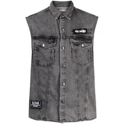 Izzue Sleeveless Patch-Detail Denim Shirt in gray