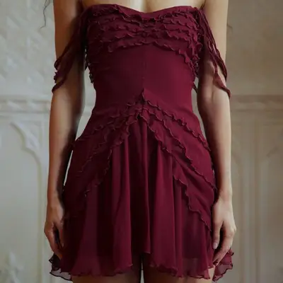 Mirror Palais Cascading Mini Dress in Sangre oxblood red