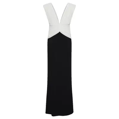 Meshki Monique Contrast Maxi Dress in black and white with deep v neck