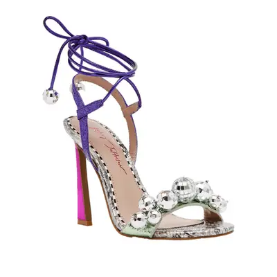 Betsey Johnson Jager Ankle Strap Sandal in purple and silver with disco balls