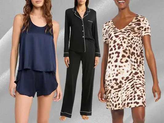 A collage of models featuring different cooling pajamas on a gray background