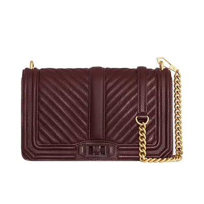 Rebecca Minkoff Chevron Quilted Love Crossbody in port burgundy with gold chain