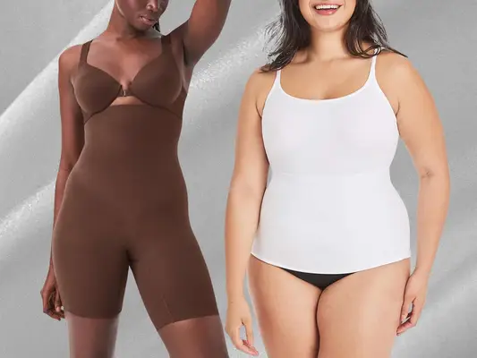 Two women wearing shaping shorts and shaping cami