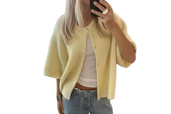 Amazon KMBANGI Women Knitted Cropped Blouse Short Sleeve Button Knit Shirt Crop Cardigan