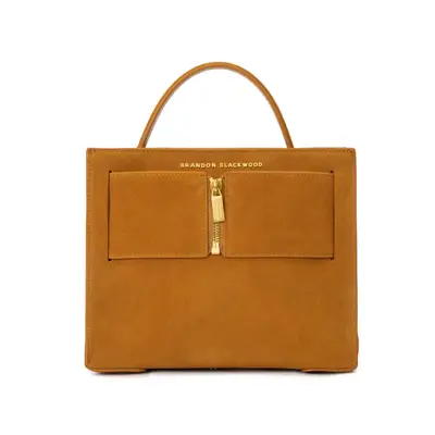 camel brown suede top handle handbag