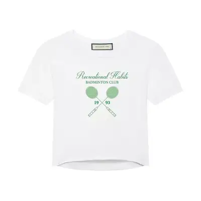 white Recreational Habits tee with crossed badminton racket design