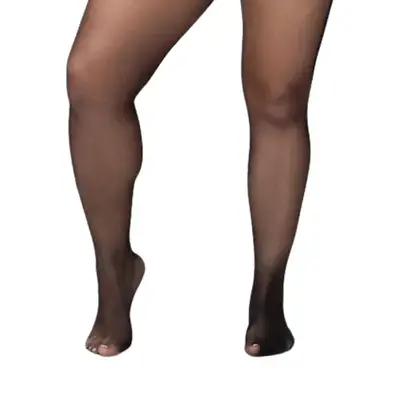 Model wearing sheer black tights
