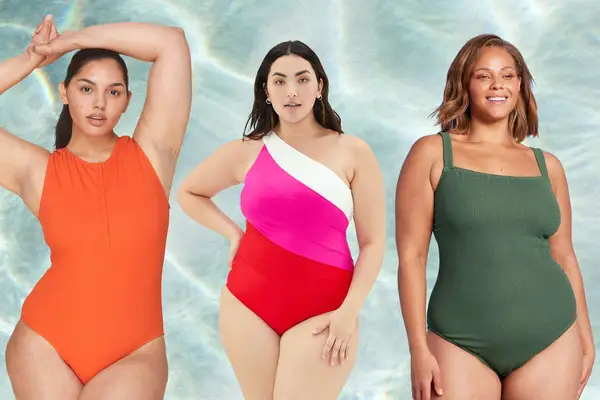 Collage of plus size swimwear including Summersalt Sidestroke and Kona Sol One Piece we recommend on a blue background
