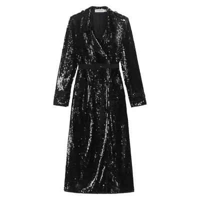 Norma Kamali Double Breasted Trench to Floor in silver on model styled with silver dress