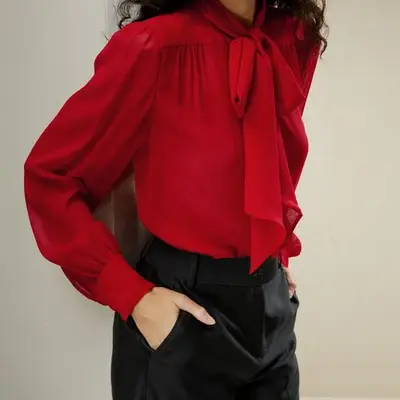 Lilysilk Bow Tie Silk Jasmine Blouse in red on model