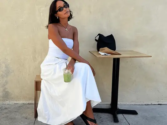 Laura Harrier wearing the bedsheet skirt trend