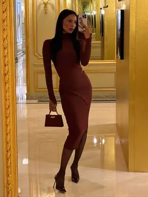 Jasmine Tookes wearing a brown turtleneck dress with matching mini handbag with black heels