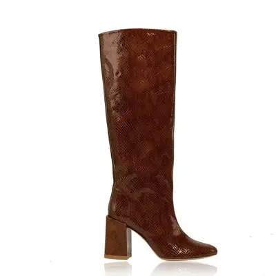 Brown snake skin boot with a heel 