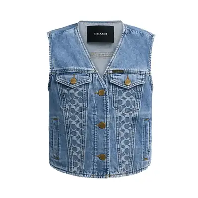Coach Denim Vest in organic cotton light wash with logo print