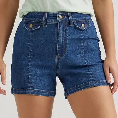 Lee Legendary Seamed Short in major blues medium wash denim on model styled with light-colored top