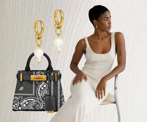 Black Paisley Hand Bag, Pearl and Gold Earrings, Ribbed Tank Dress