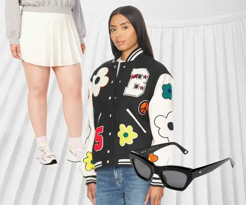 White Tennis Skirt, Floral Varsity Jacket, Sunglasses