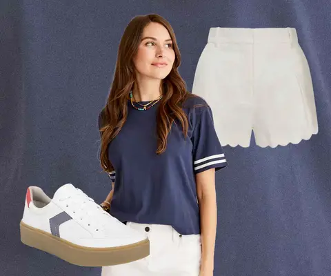 Blue Shirt, White Shorts, White Sneakers