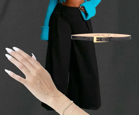 Wide Leg Black Pants, Black Leather Belt, Hand Chain