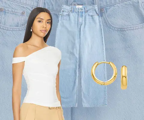 White Ruched Top, Jeans, Gold Earrings