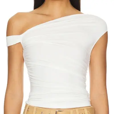 Superdown x Maggie MacDonald Moxie asymmetrical top in white on model