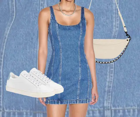 Denim Dress, White Sneakers, White Bag