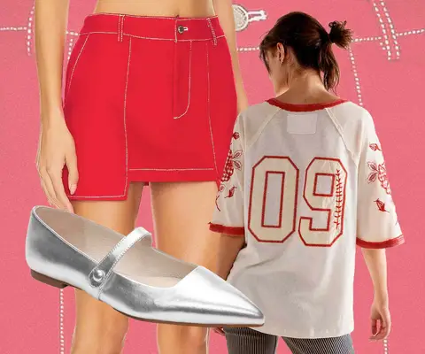 Red Skirt, Silver Flats, White and Red Ringer Shirt