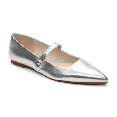 silver pointy toe ballet flats with strap against plain background
