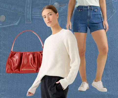 Red Handbag, Denim Shorts, White Sweater