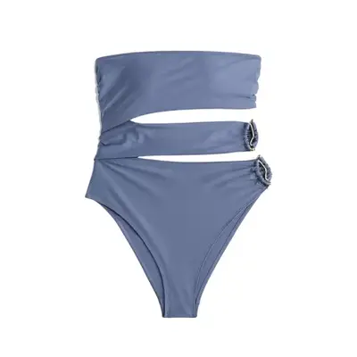 strapless one-piece metallic blue swimsuit