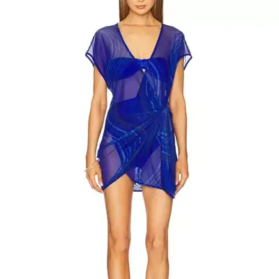 model wearing a vivid blue cover-up