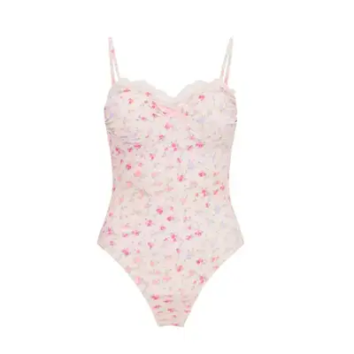 printed pink LoveShackFancy swimsuit
