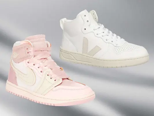 Nike Air Jordan 1 High Method of Make and Veja V-15 High-Top Sneakers on a silk background