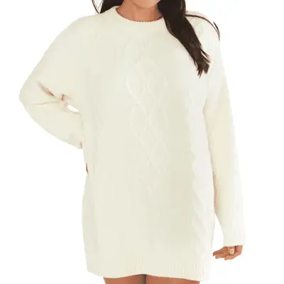 Show Me Your Mumu Canyon Tunic Cable Knit Sweater in white. 