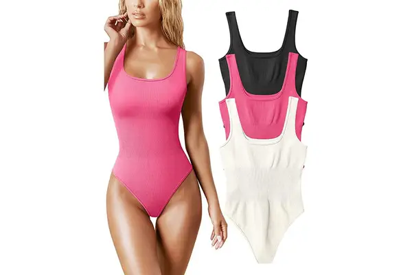 OQQ bodysuits in black, white, and pink on model and flatlay