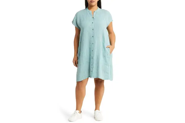 Nordstrom Band Collar Cap Sleeve Organic Linen Shirtdress EILEEN FISHER