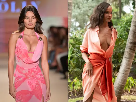 Two models showcasing guava pink outfits from Oh Polly and Sigal at Paraiso Miami Swim Week