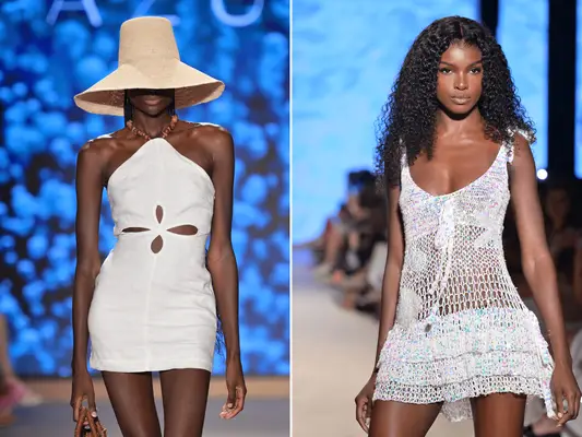Two models walking on a runway showcasing summer outfits with seashell details