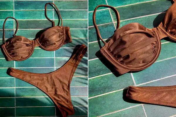 White Fox La Pelosa Bikini Top and Shore Line Bottom swimwear, laid flat on a tiled surface