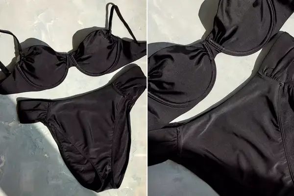 Abercrombie Ruched Underwire Bikini Top and Ruched-Side Mid Rise Moderate Bottom shown in a flat lay display