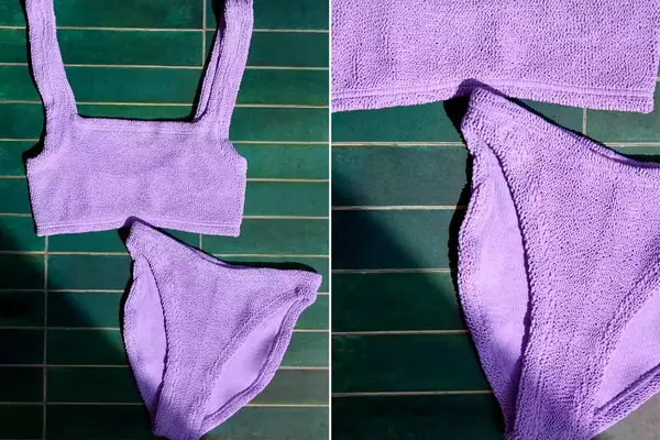 Hunza G Xandra Bikini set on a tiled surface with light and shadow