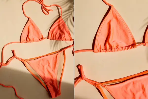 Los Angeles Apparel Halter String Bikini Top and String Bikini Bottom displayed on a flat surface