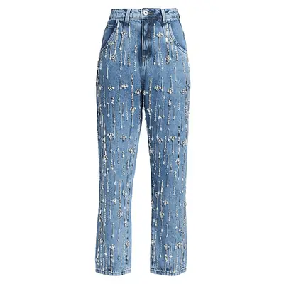 Good American Good Straight High Waist Raw Hem Straight Leg Jeans in white on model styled with black top