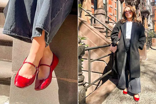 A person sitting on a stoop wearing red Dolce Vita Reyes Ballet Flats a person wearing a red pair of Dolce Vita Reyes Ballet Flats