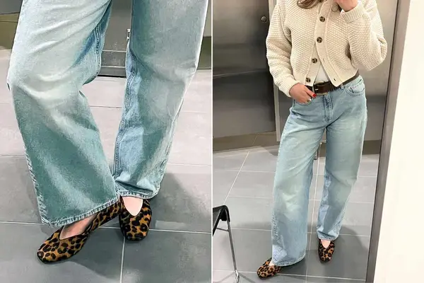 A close up of a person in jeans wearing the Reformation Prudence Ballet Flat in Leopard next to a person in jeans wearing the Reformation Prudence Ballet Flat in Leopard