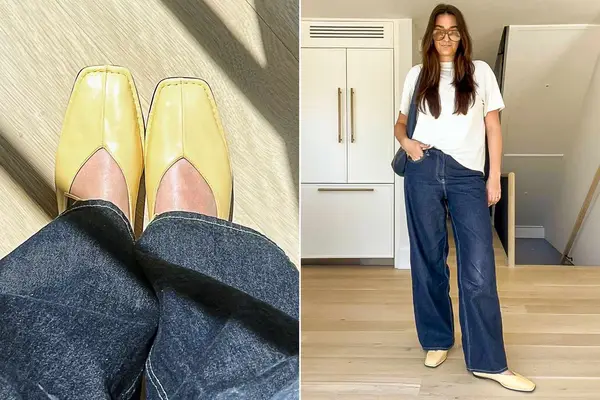 A close up of a person wearing a pair of Alohas Sway Flats next to a person in jeans wearing the Alohas Sway Flats